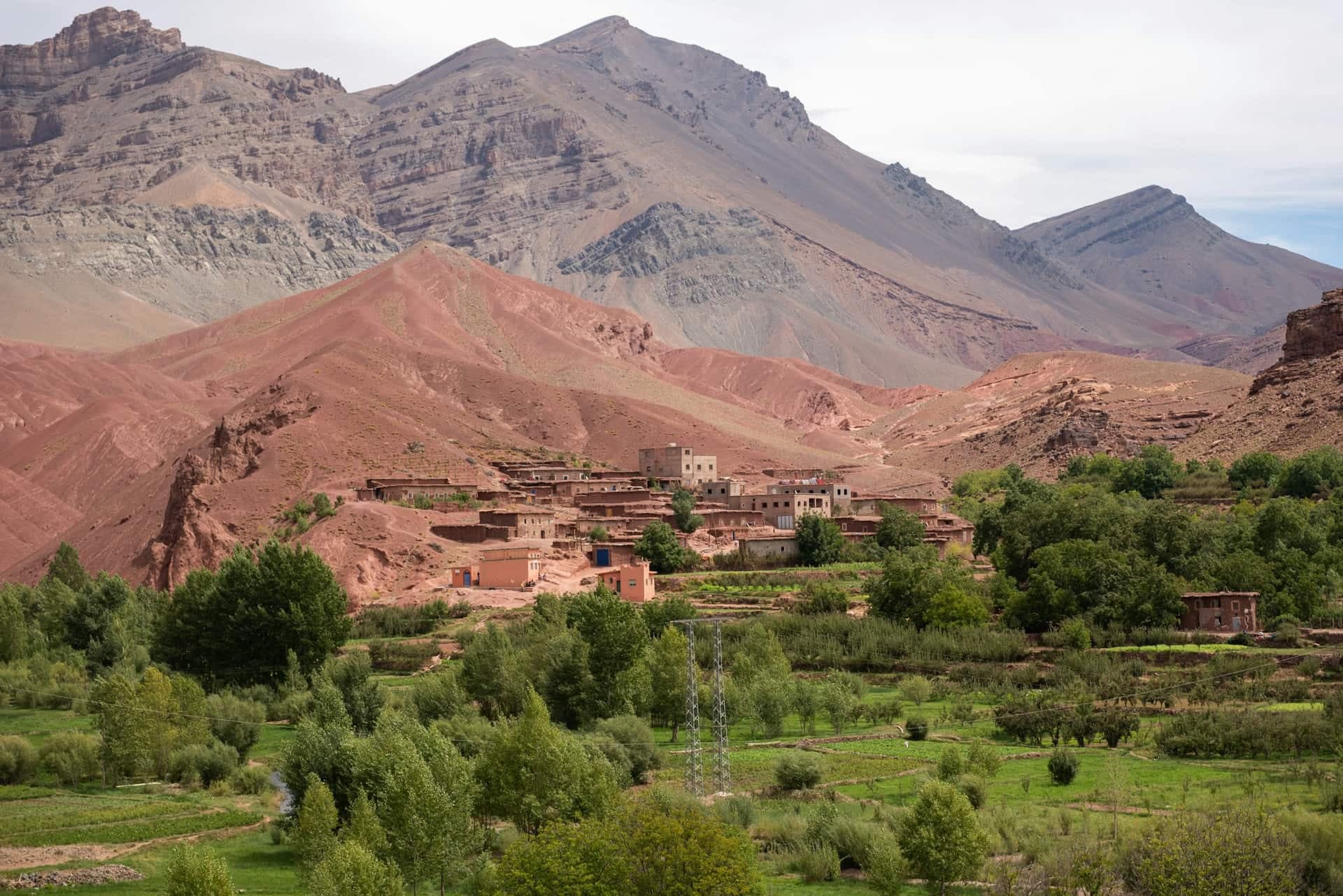 An earthen village among green fields and trees below red and grey mountains in the Ouarzazate region.