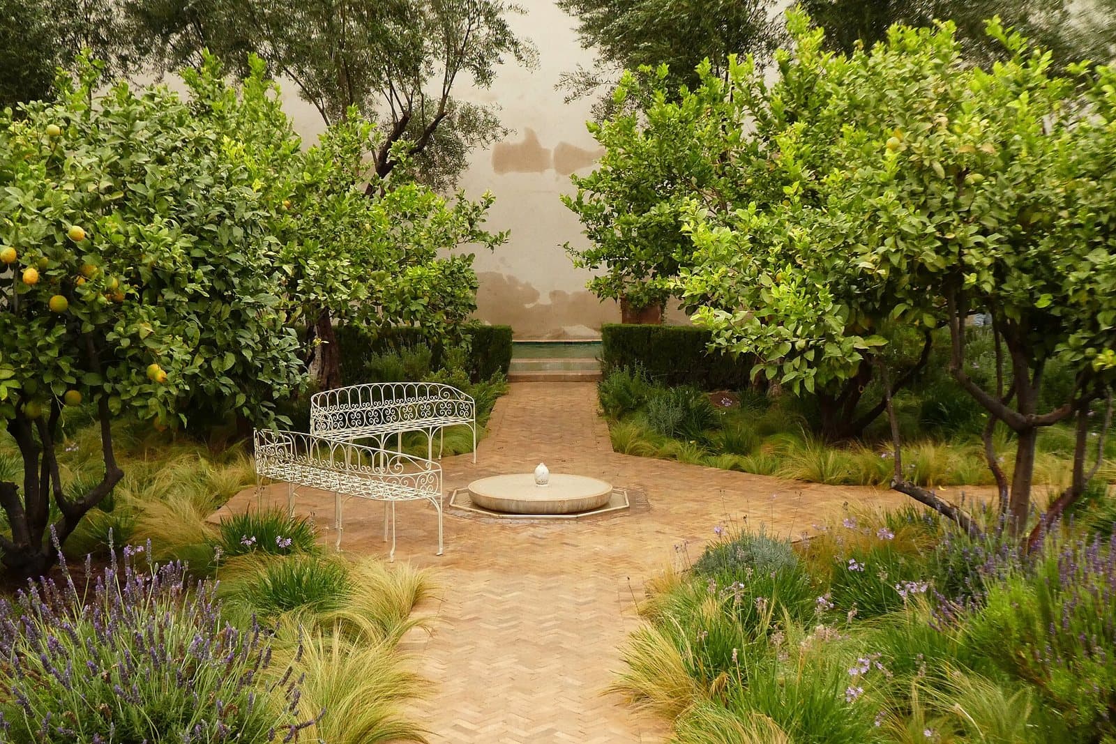 A quiet corner of Le Jardin Secret in the Marrakech medina, with orange trees and planted beds around a small fountain and a white bench.