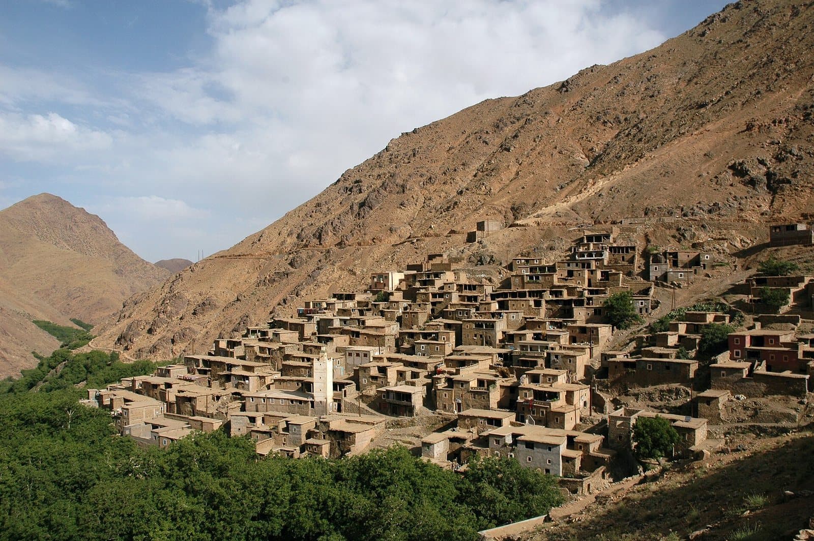 The flat-roofed earthen houses of Amssakrou built up a steep valley side above a band of green fields.